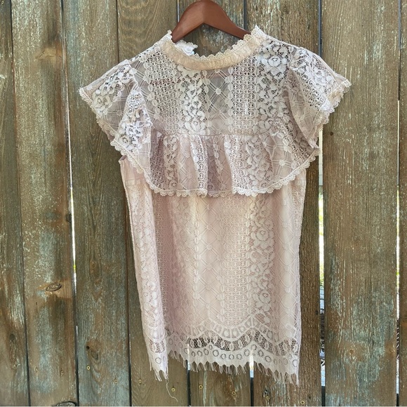ESLEY Women’s Dusty Pink Lacy High Neck Ruffle Sleeve Size Small - Picture 1 of 7